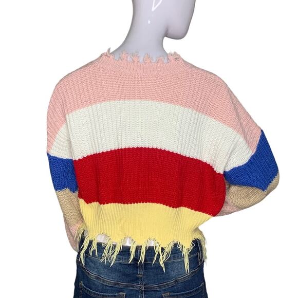 Crop Top Sweater Color Block Red Blue White Yellow Pink V-Neck Size S - Picture 7 of 9